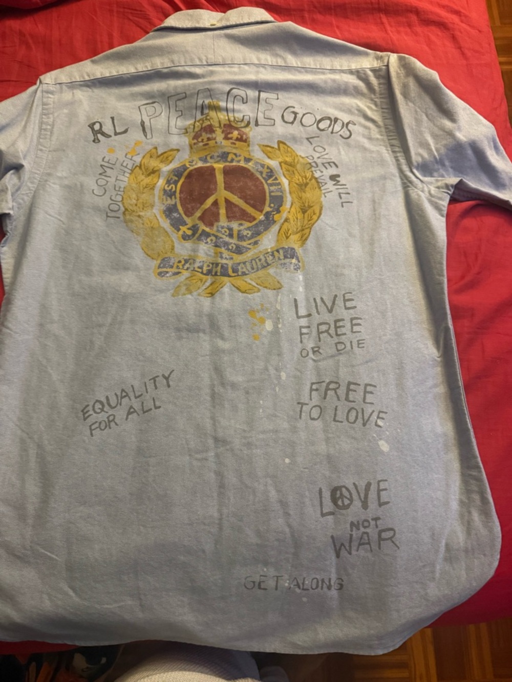 Ralph Lauren Light Blue 'Love Not War' Button-Down Shirt with Crest custom fit - Picture 3 of 4